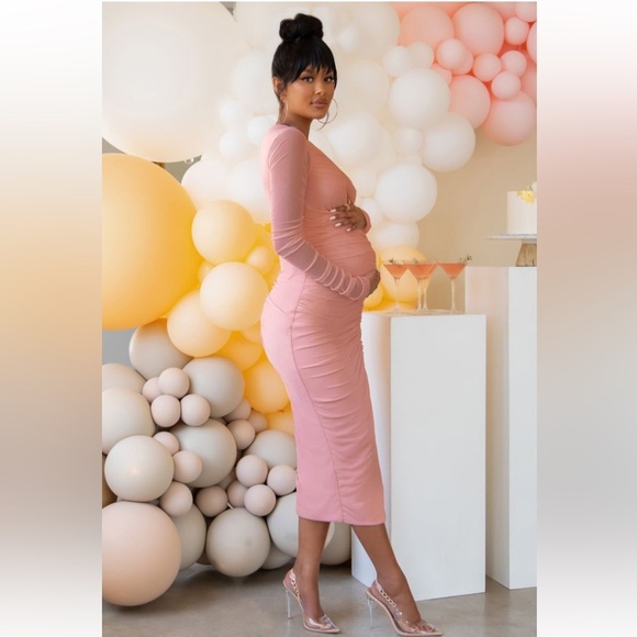 NEW! CLUB L LONDON Blush Pink Maternity Asymmetric Ruched Maxi Dress US 10/UK 14 - Picture 4 of 15